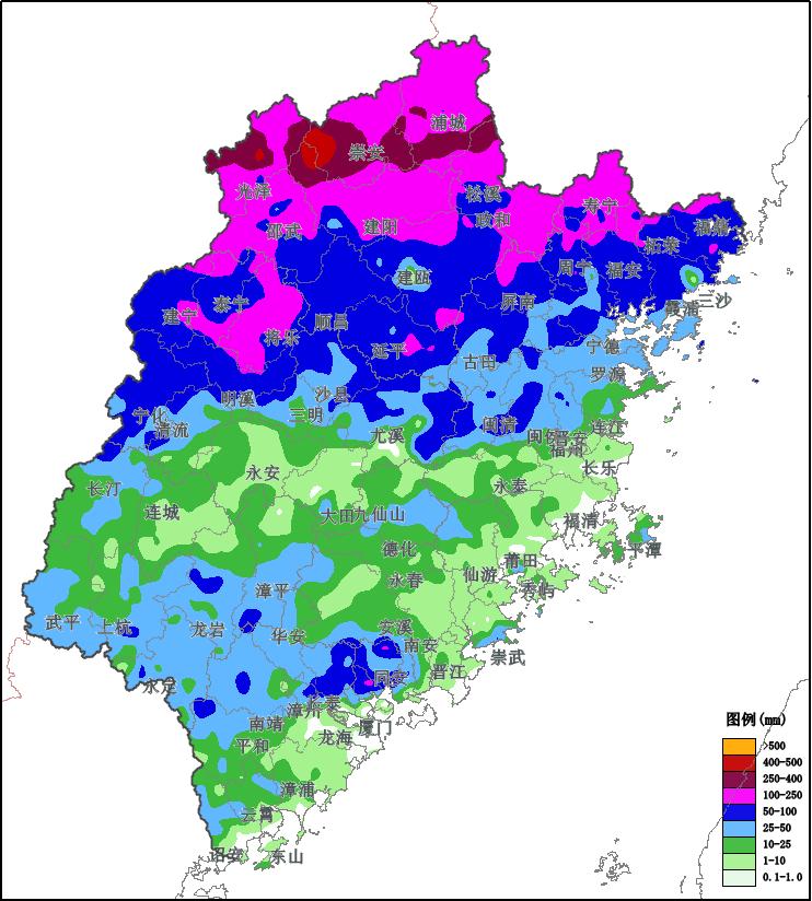 6月9日08時-12日10時累計雨量（毫米）。圖片來源：福建氣象