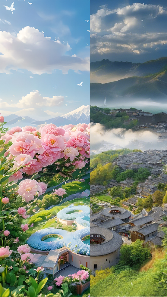 AI生圖·漳州田螺坑土樓群（拼版圖片）
