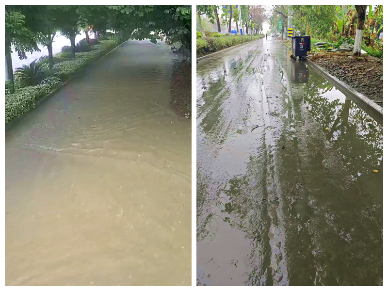 南靖縣南環(huán)路山城鎮(zhèn)路段積澇點，左圖為去年8月積水情況，右圖為今年3月積水退去后的路面。吳先生供圖